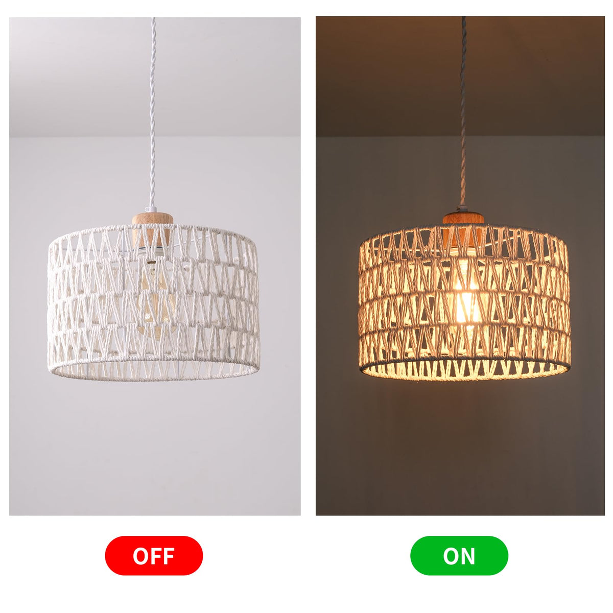 Plug in Pendant Light with Hand Woven Rattan Lampshade, Hanging Lamp with 15 FT Rope Cord On/Off Switch, Boho Pendant