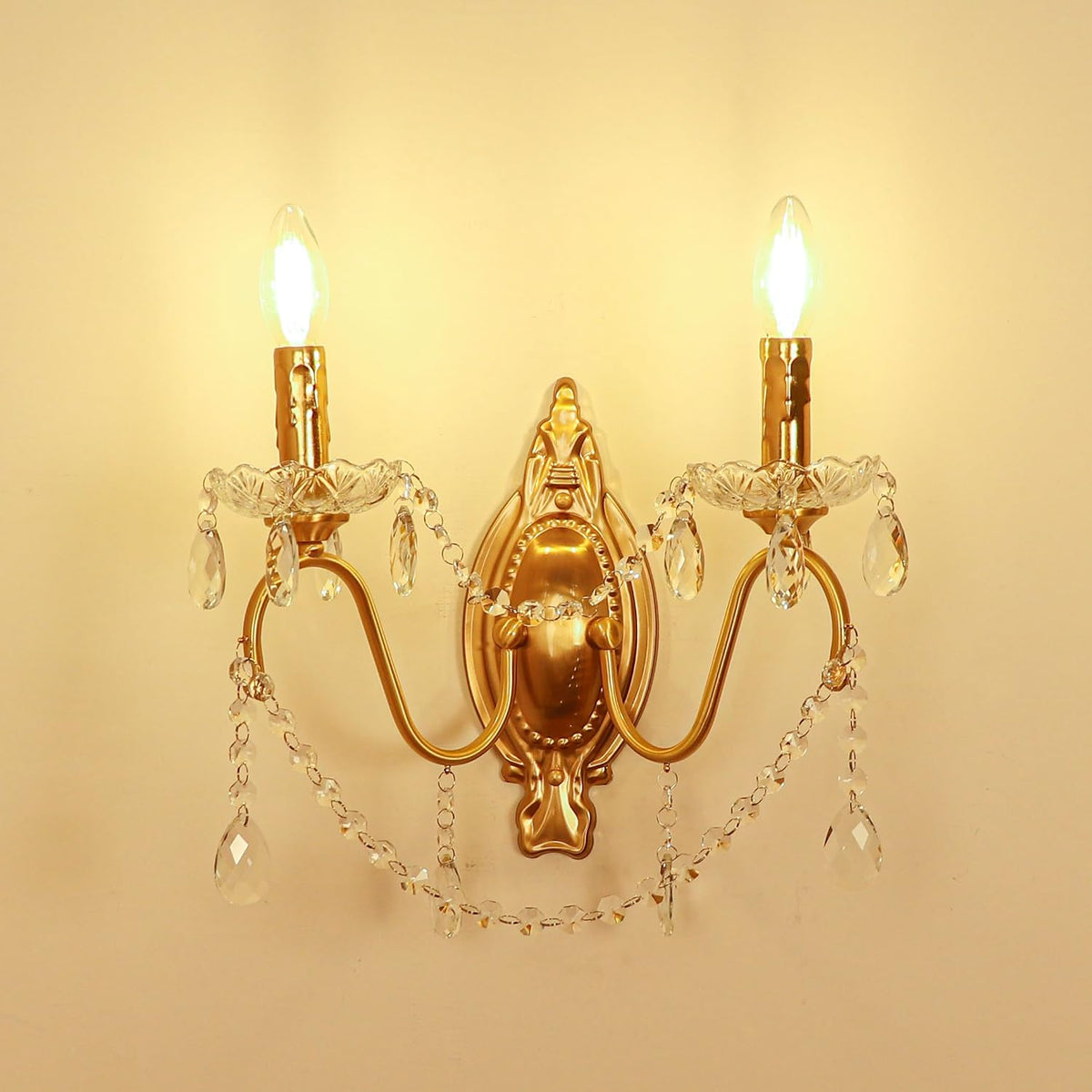 French Vintage Crystal Wall Sconce, Victorian 2-Light Gold Iron Finish, E12 Traditional Candle Style Wall Lamp for Bedroom, Hallway, Living Room, Bathroom Vanity (1-Pack, 2 Light Sources)