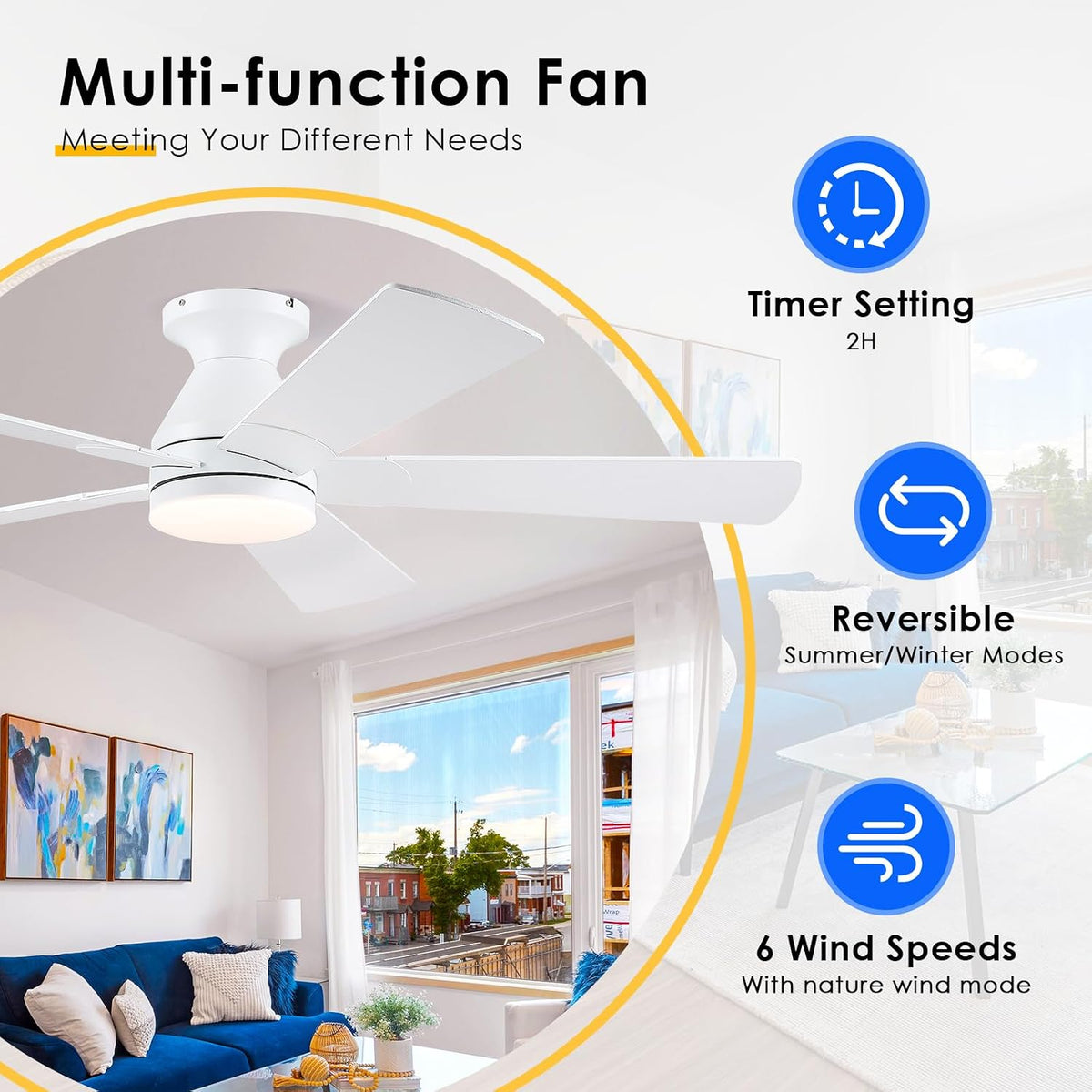 52" White Indoor/Outdoor Flush Mount Ceiling Fan with Light & Remote