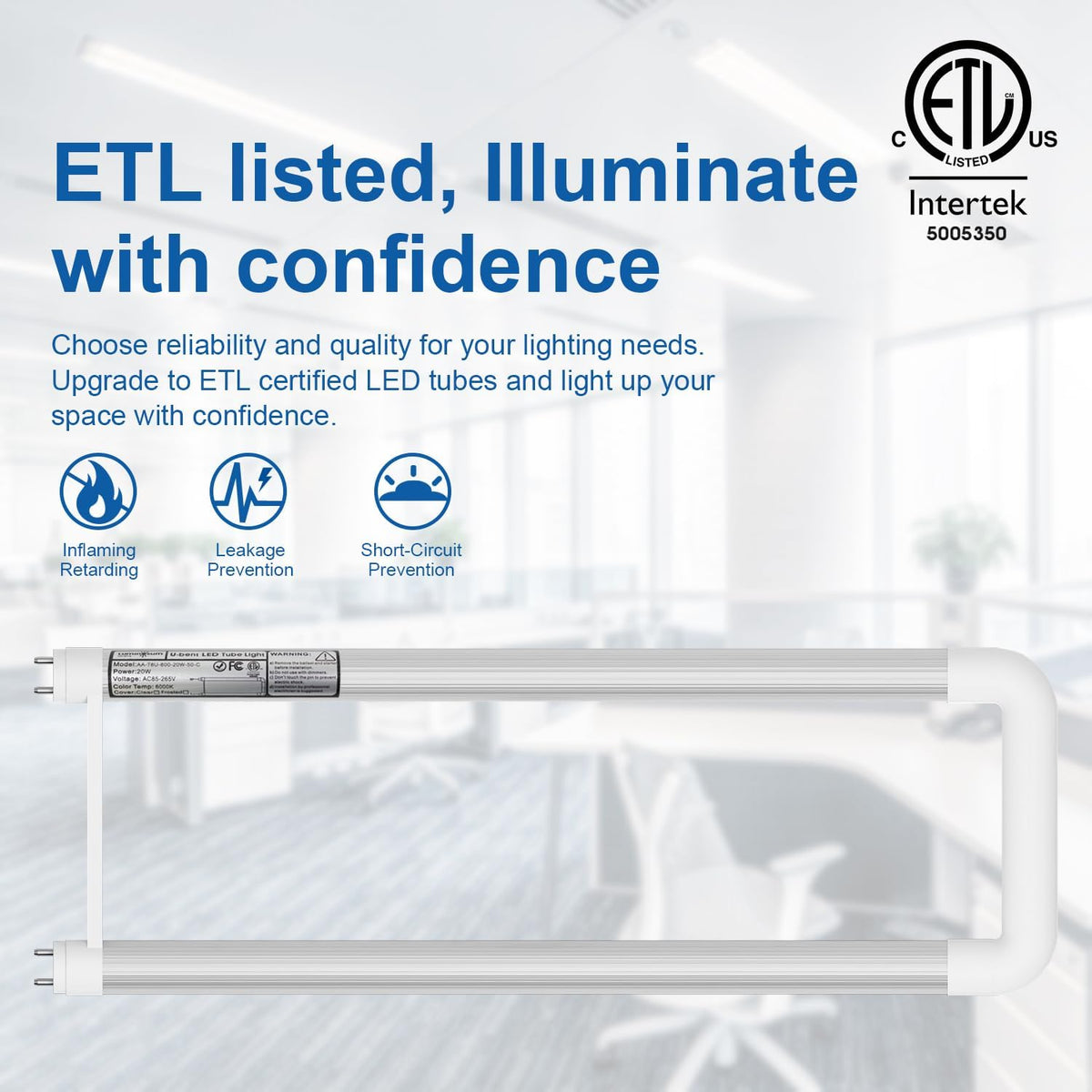 T8 U Bend Shape LED Tube Light 20W ETL Listed 2x2FT 5000k 10 Pack