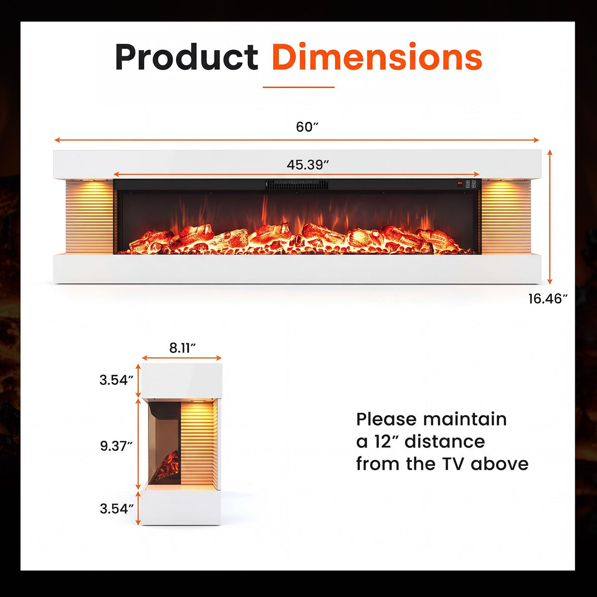 3 Sided Wall Mount Electric Fireplace w/ 60" Floating Mantel, White
