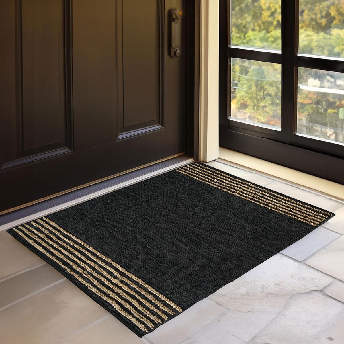 Jute Area Rug - Natural Fiber Black Rectangular Leather Handwoven Boho Farmhouse Soft Braided Rustic Vintage