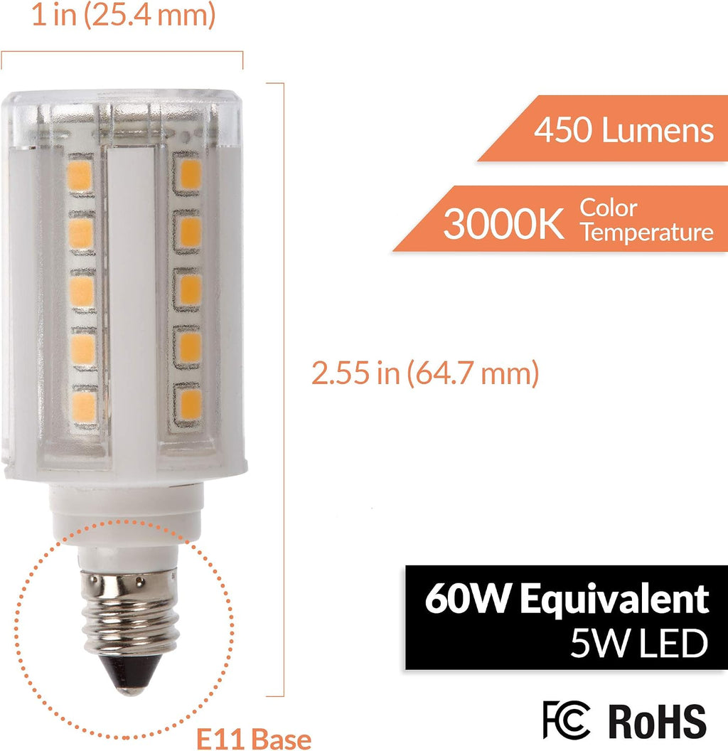 5W (60W Equiv.) E11 Base LED Halogen Replacement Bulb, Mini-Candelabra, 120V, 3000K, 450 Lumens, Dimmable, 4-Pack