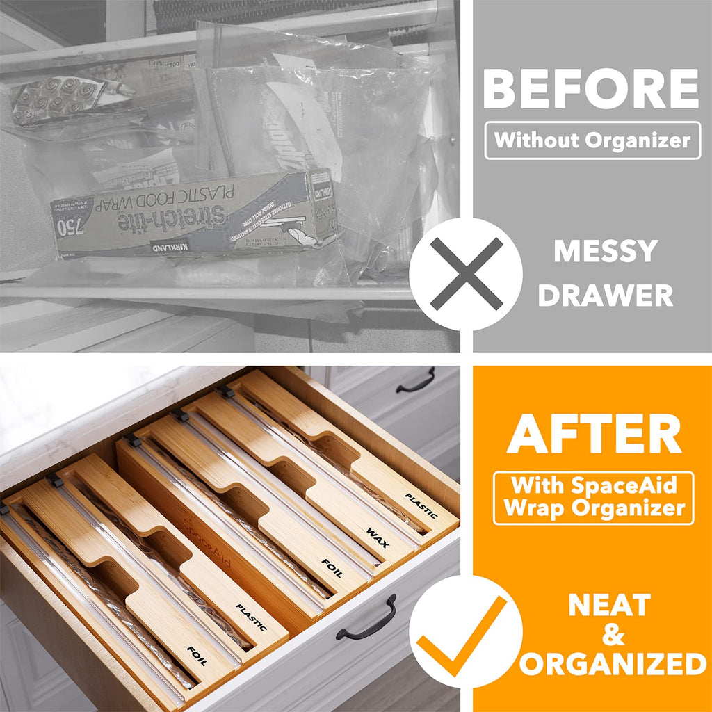 WrapNeat 2 in 1 Wrap Organizer with Cutter and Labels, Plastic Wrap, Aluminum Foil and Wax Bamboo Dispenser Storage