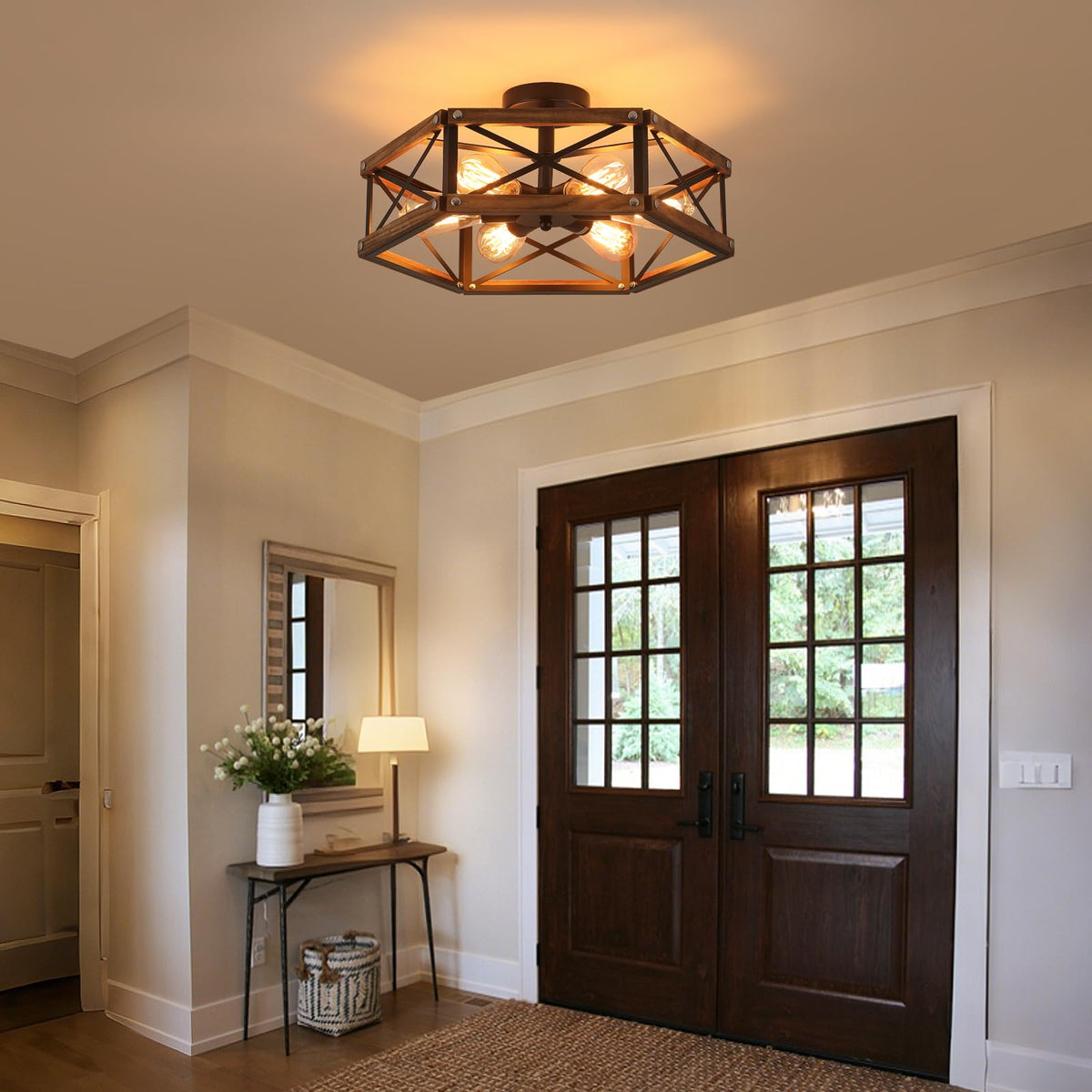 6-Light Large Rustic Farmhouse Wood Flush Mount Ceiling Light Fixture 20 inch Oak Wood and Metal Cage Semi Flush