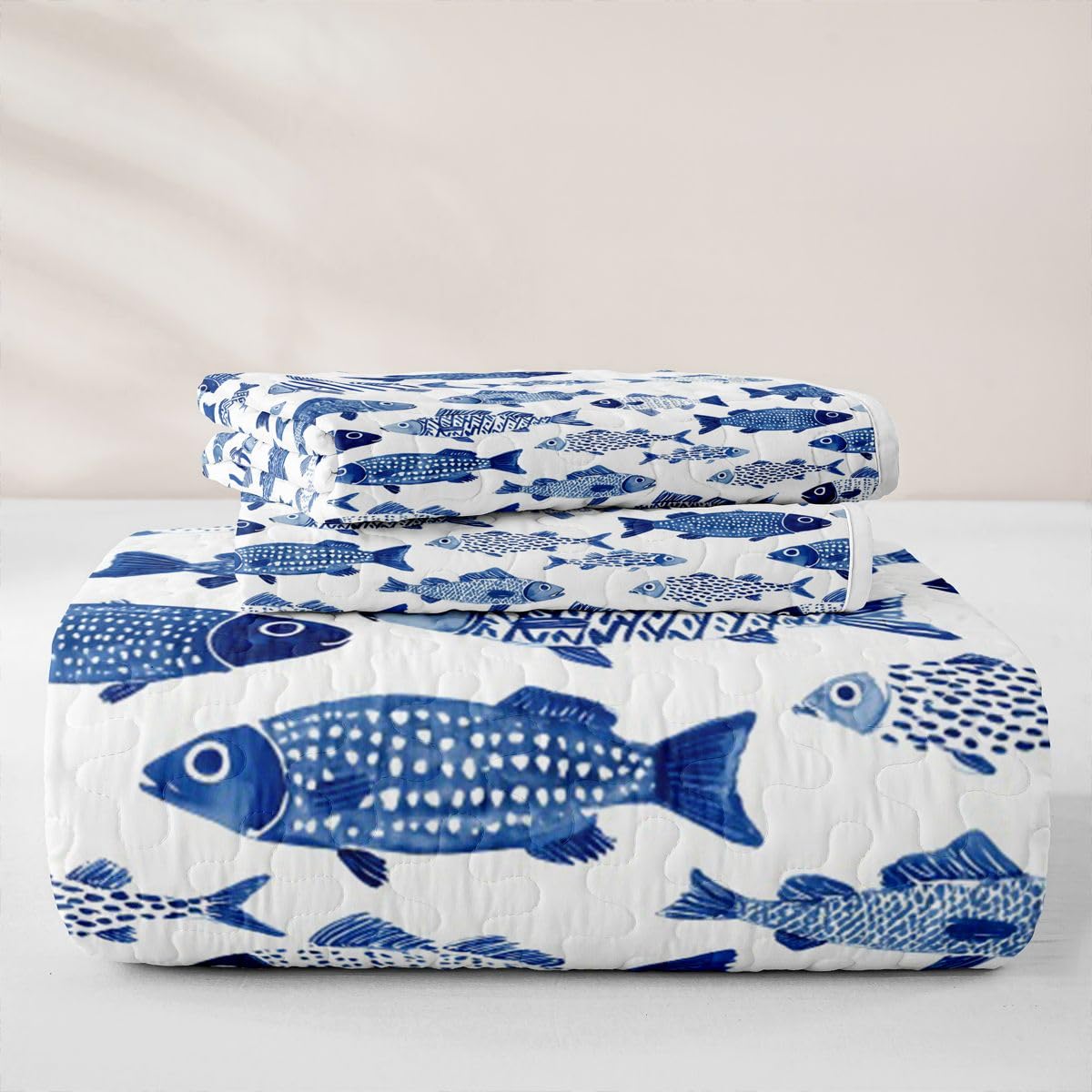 Fish Coastal Quilt Set Marine Quilted Bedding 3 Pieces