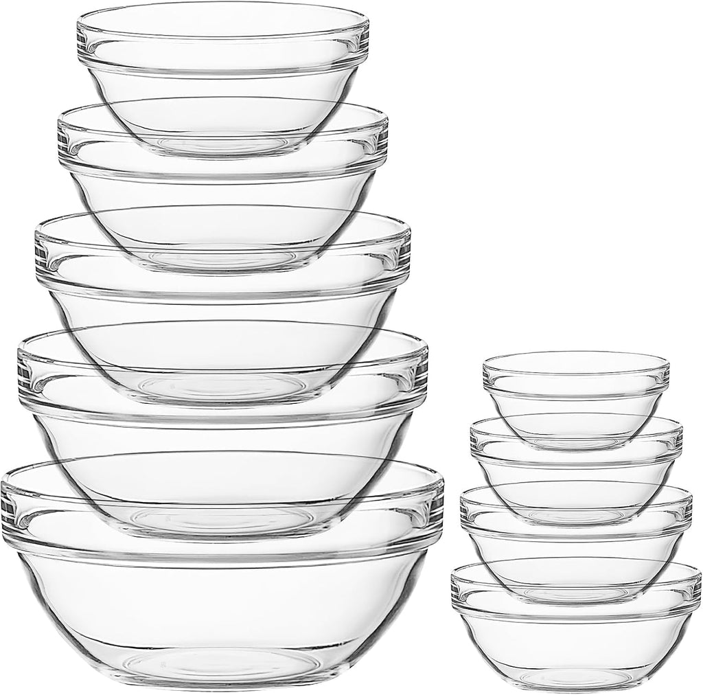 9Pcs Glass Mixing Bowls, Clear Salad Bowl Glass Prep Stackable Nesting Bowls Dessert Salad Dips Cereal Ice Cream