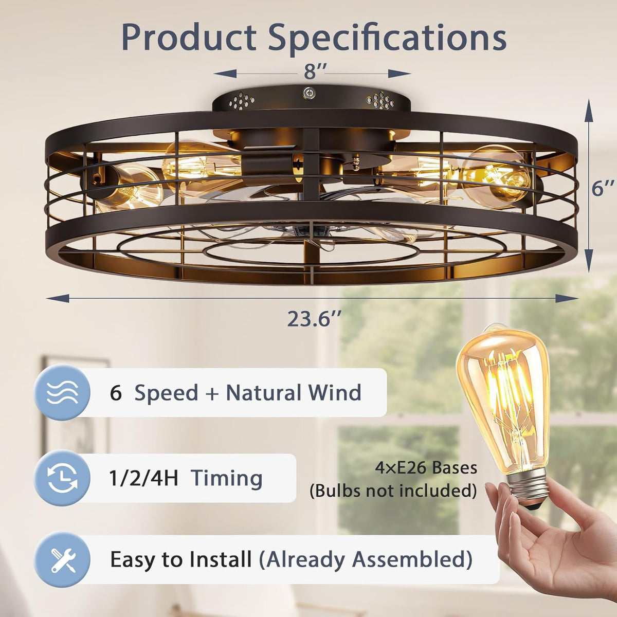 23.6" Flush Mount Caged Chandelier Ceiling Fan with Light & Remote