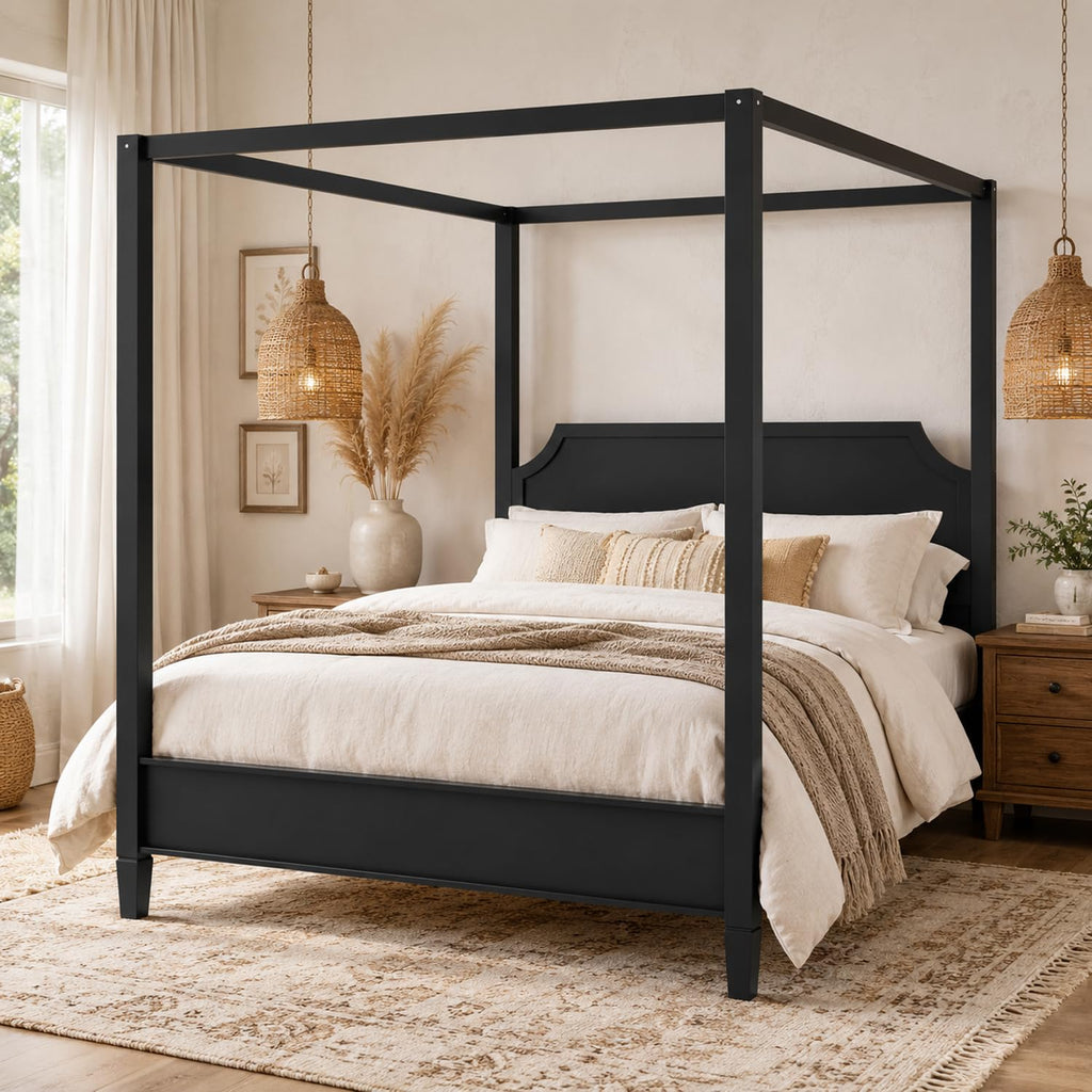 Wooden Canopy Platform Bed Frame with Headboard, 4-Poster Black Canopy Bed Frames with Sturdy Legs, Classic