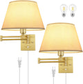 Dimmable Wall Sconce Plug in, Brushed Brass Wall Sconces Set of 2 Swing Arm Wall Lights with Plug in Cord and Dimmer