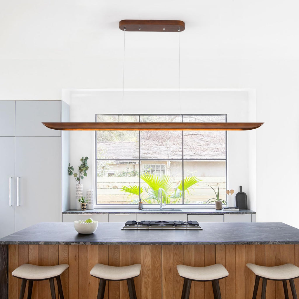 71" Wood Linear Pendant Light, Dimmable Kitchen Island Lighting with Remote, 40W LED Island Lights, Adjustable