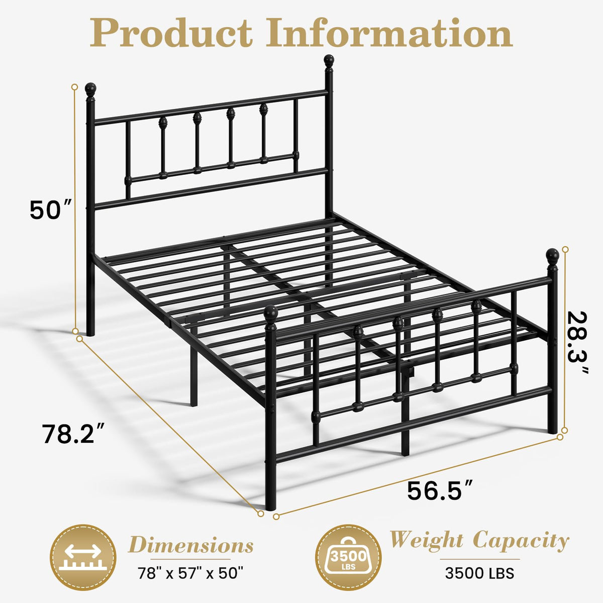 14 Inch Victorian Vintage Metal Platform Bed Frame with Headboard and Footboard, Underbed Storage, No Box