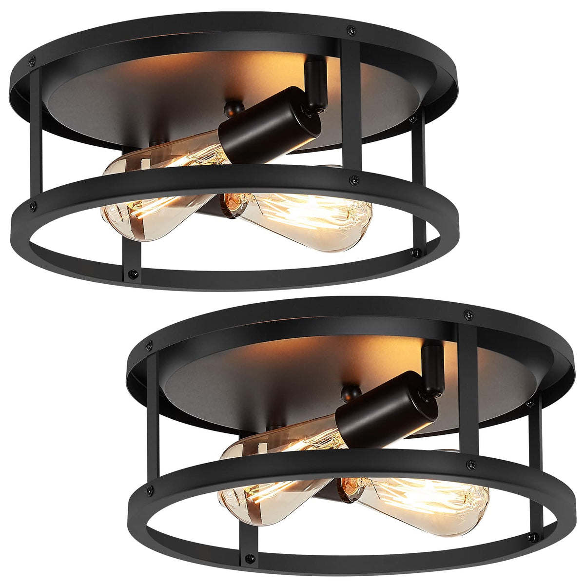 2 Pack Flush Mount Ceiling Light, 13 Inch Industrial Farmhouse Ceiling Light Fixture, 2-Light Matte Black Flush Mount