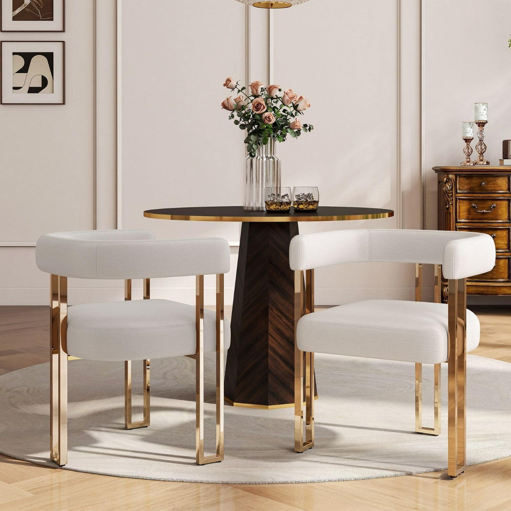 Beige and Gold Modern Dining Chairs Set of 2, Velvet Upholstered Barrel Armchairs with Metal Legs Island, Mid Century