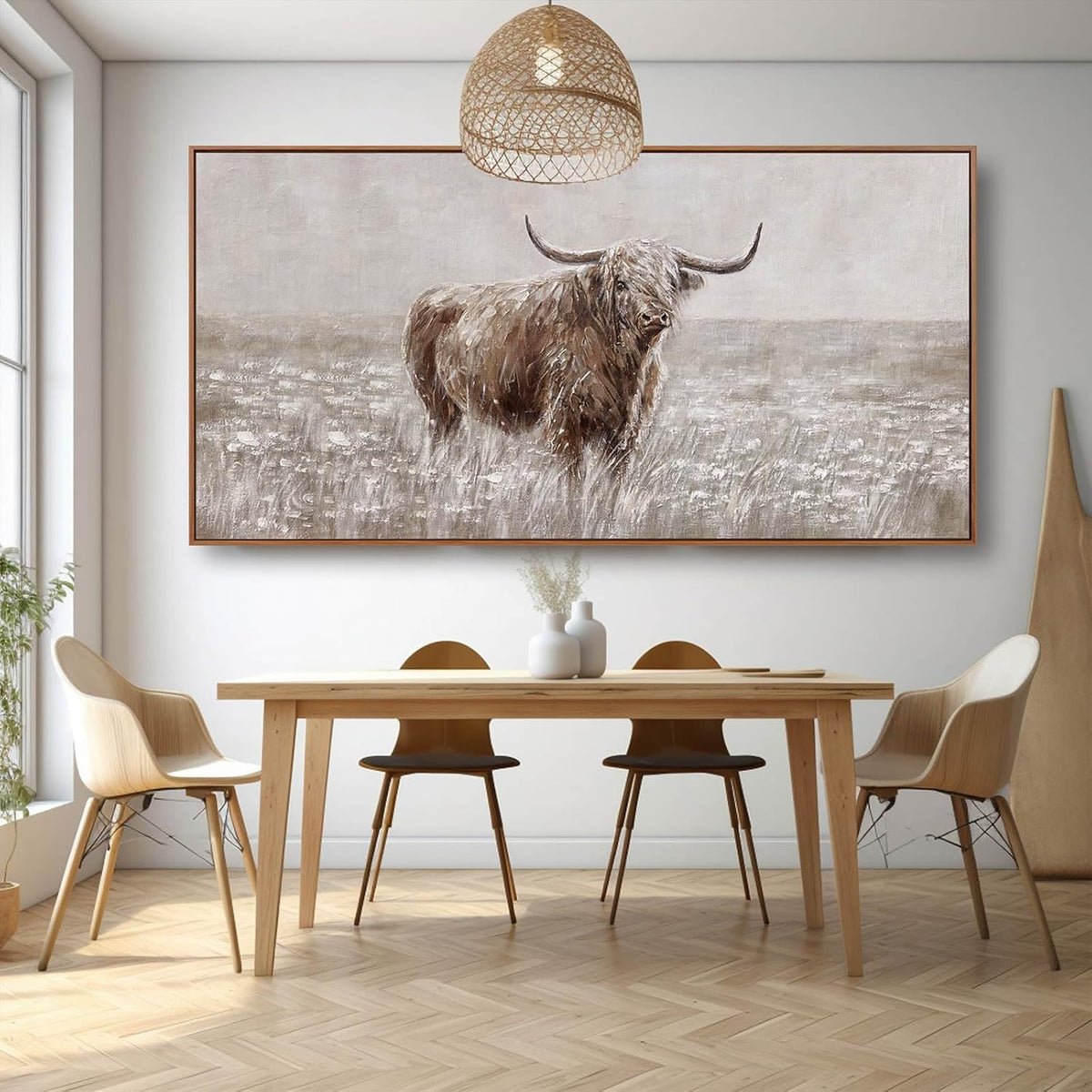Farmhouse Highland Cow Wall Decor on Canvas with Framed Large Landscape Brown Artwork Living Room Office Decor