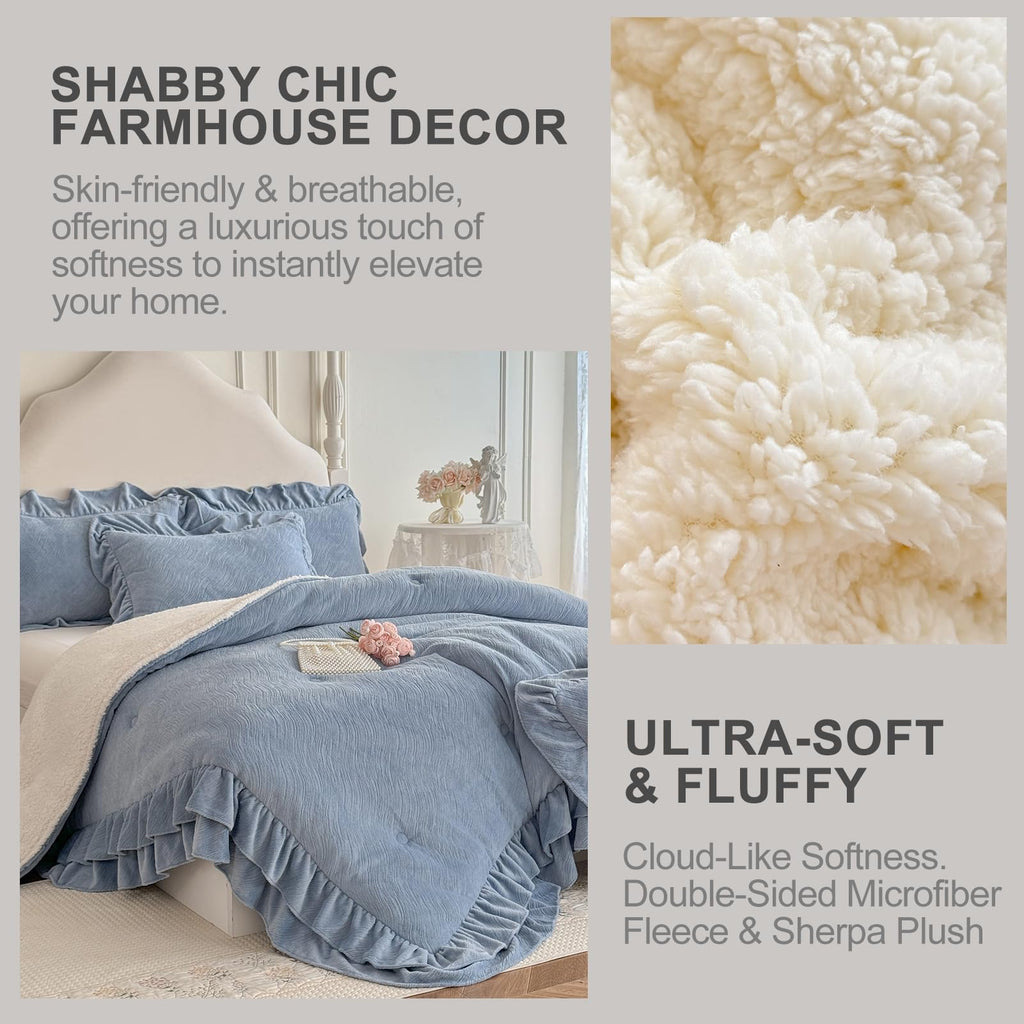 Fluffy Sherpa Comforter Set, Super Soft Fleece Blue Ruffle Bedding