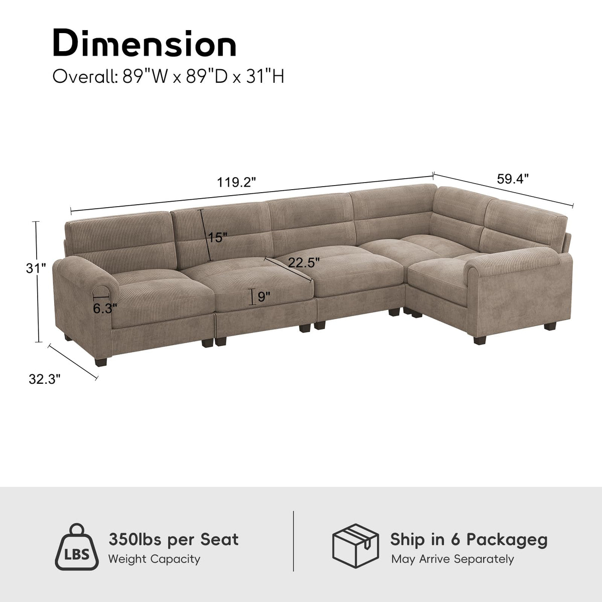 Modular Sectional couches, L Shaped Sofa, Brown