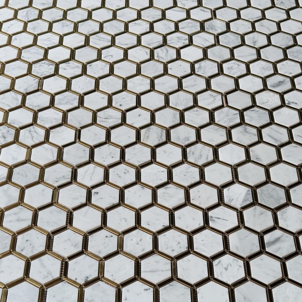 Carrara White Marble 2 inch Hexagon Mosaic Tile w/Brass Strips Polished Kitchen Bath Wall Floor Backsplash Shower (1