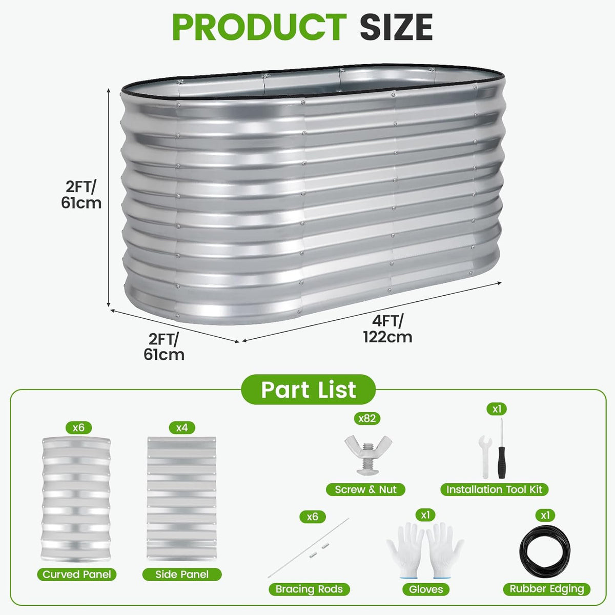 Galvanized Raised Garden Bed 4x2x2ft,Silver Planter Box | 24" Deep Oval Metal Garden Beds with Easy Assembly &