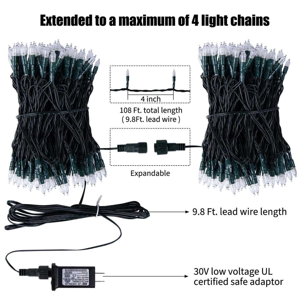 2 Pack Christmas Mini Lights, 75 Feet 200 LED Warm White String Lights
