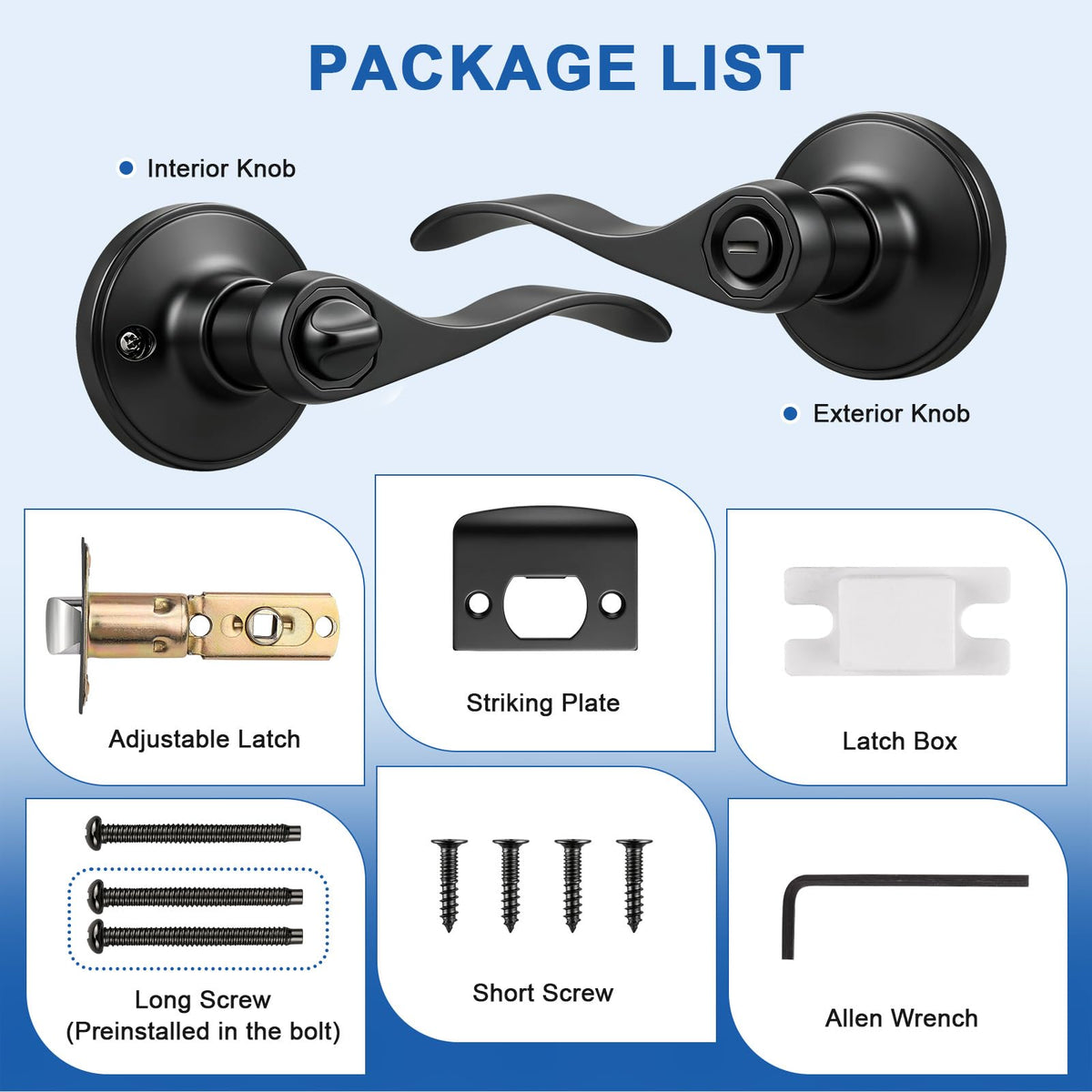 3 Pack Matte Black Door Lever Privacy Door Handles, Zinc Alloy Door Handle Interior, Keyless Lock
