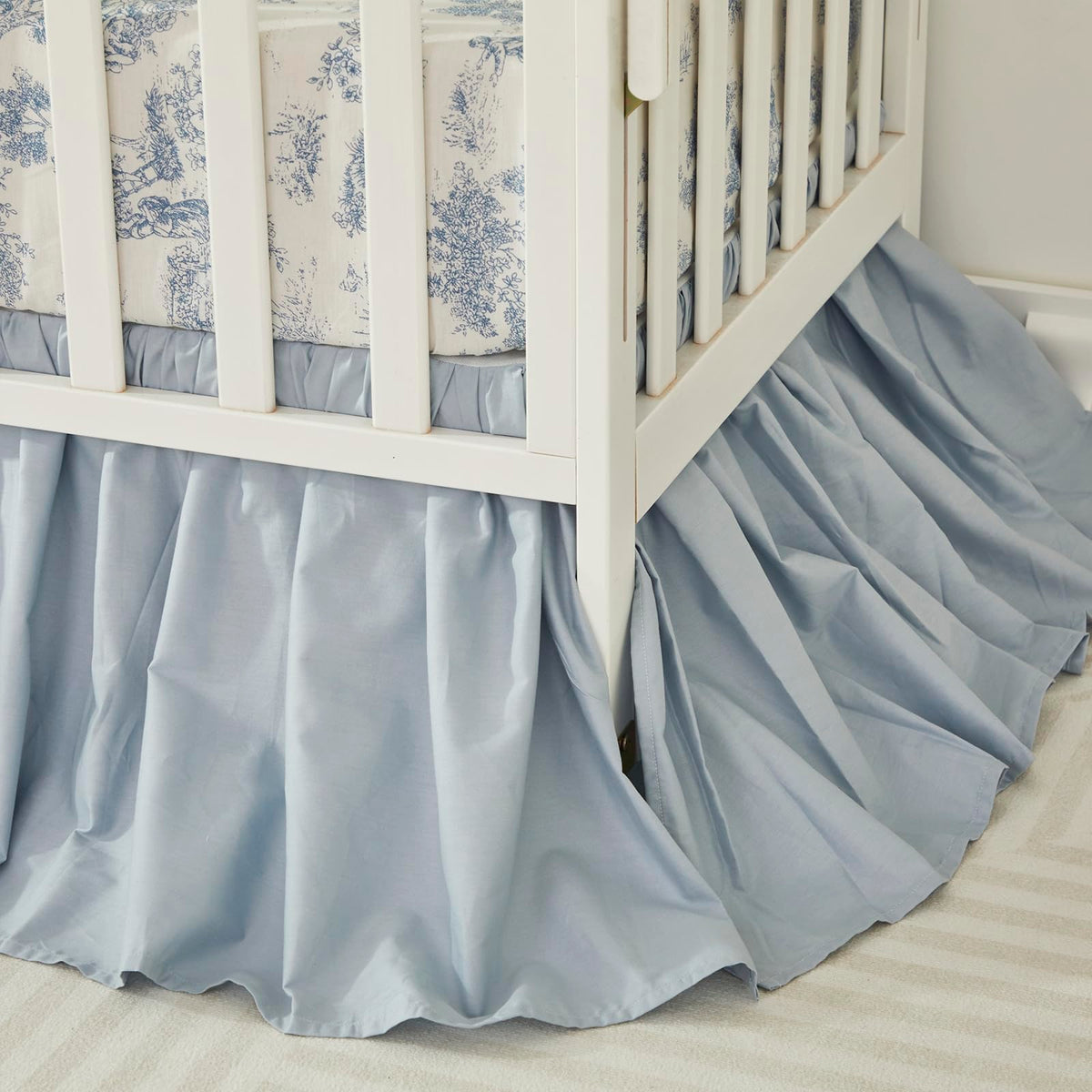 Boho Bohemian Girl Boy Baby Nursery Crib Bed Skirt Dust Ruffle - Neutral Solid Color Light Blue Farmhouse Chic 100%