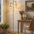 Floor Lamp - 69" Farmhouse Tree Trunk Standing Lamps - Country Resin Tall Lamp with 2 Rattan Lampshade - Rustic Floor