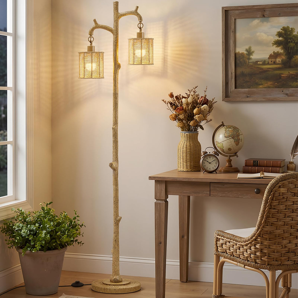 Floor Lamp - 69" Farmhouse Tree Trunk Standing Lamps - Country Resin Tall Lamp with 2 Rattan Lampshade - Rustic Floor