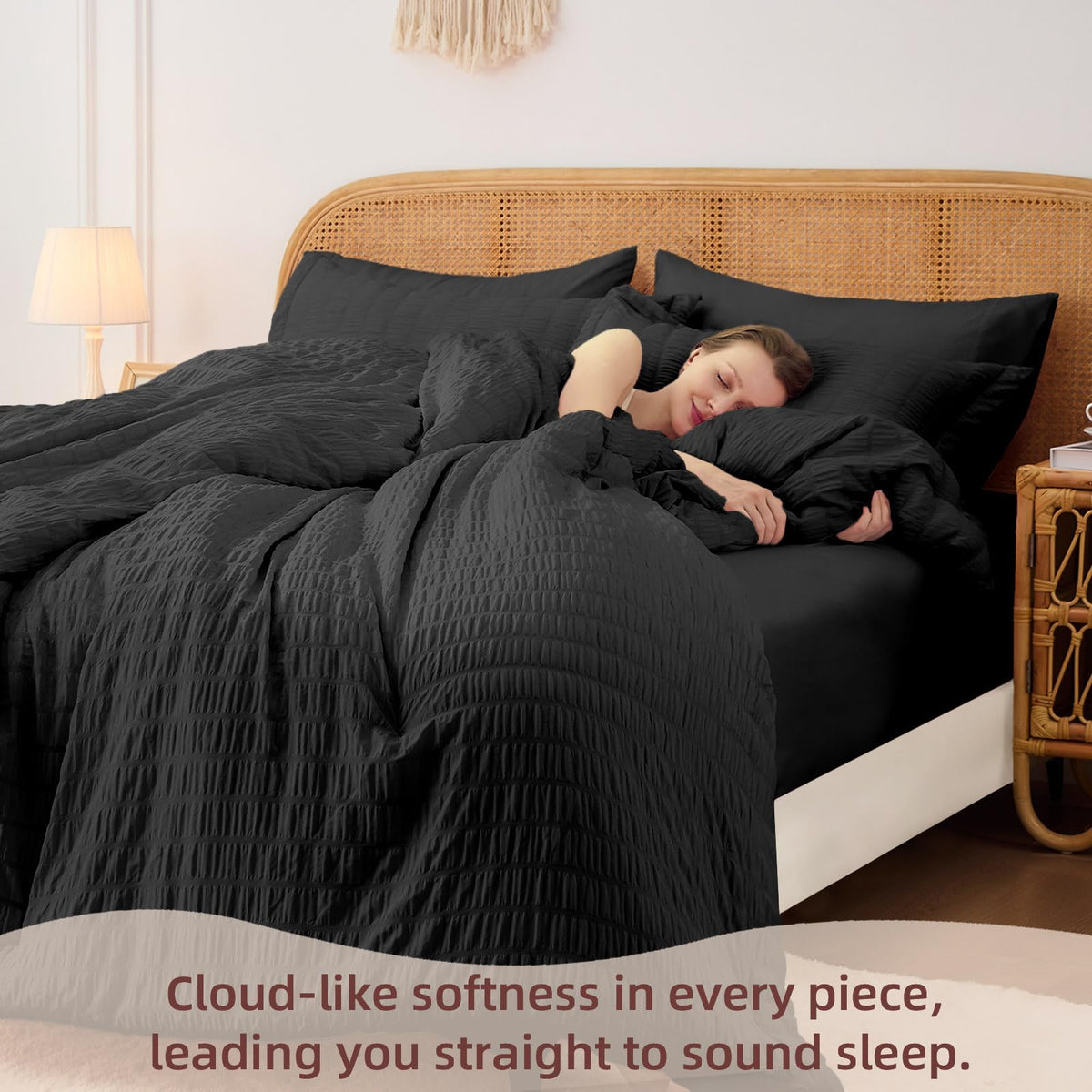 Black Comforter Sets with Sheets, 7 Pcs Seersucker Bed Set