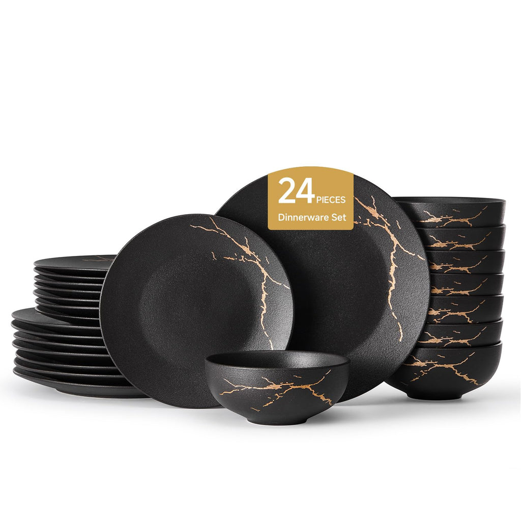 24-Piece Matte Crackle Dinnerware Sets, Black and Gold