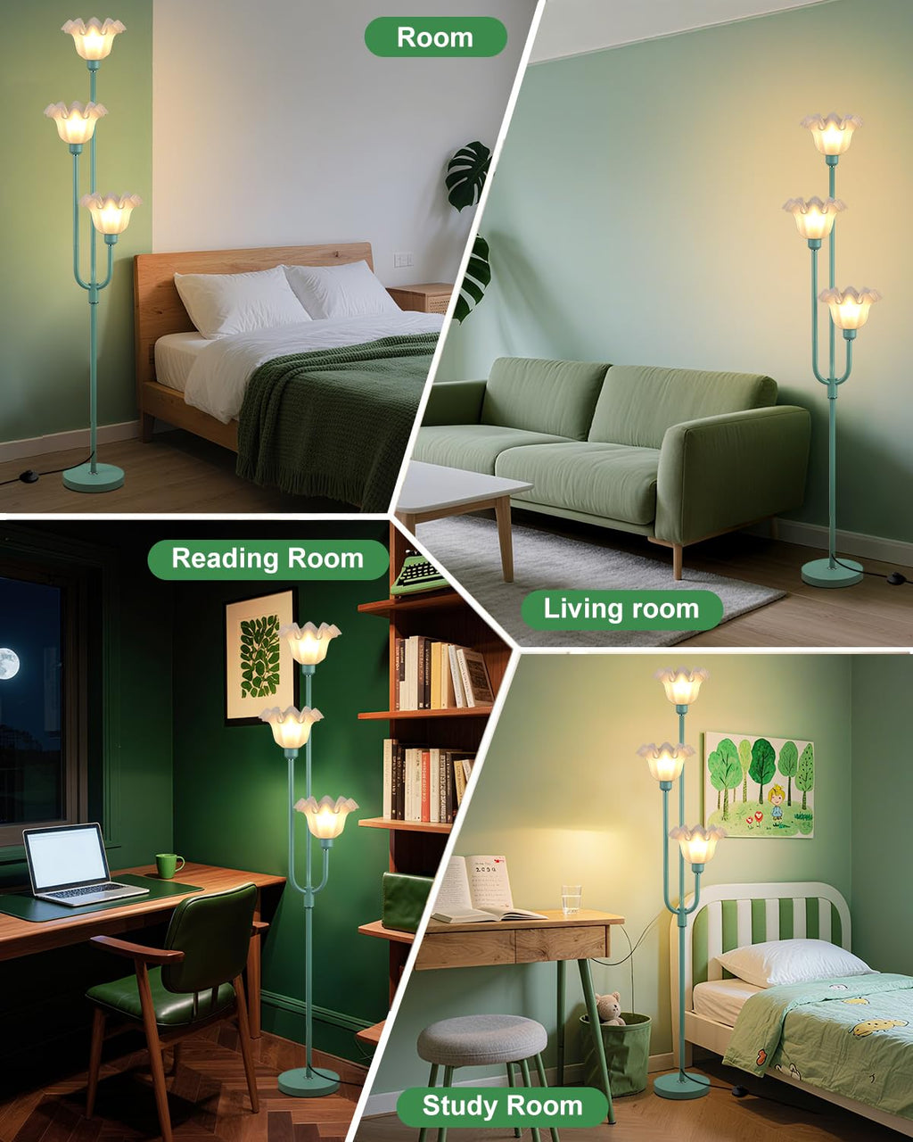 66 Inch Flower Green Floor Lamp Bedroom Office, 3-Light Mid Century Standing Lamp with 3000K Warm White LED Bulbs