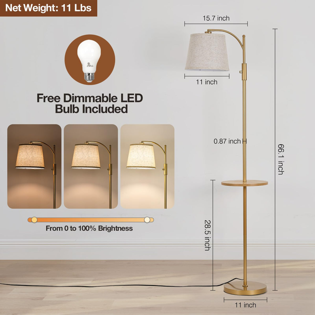 Golden Floor Lamp with Table, Dimmable Standing Lamp, Living Room