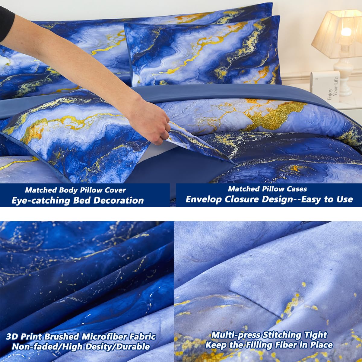Blue Gold Bedding Set, 6 Pieces Fluffy Marble Bedding Comforter Sets for Women, All Season Soft Luxury Retro