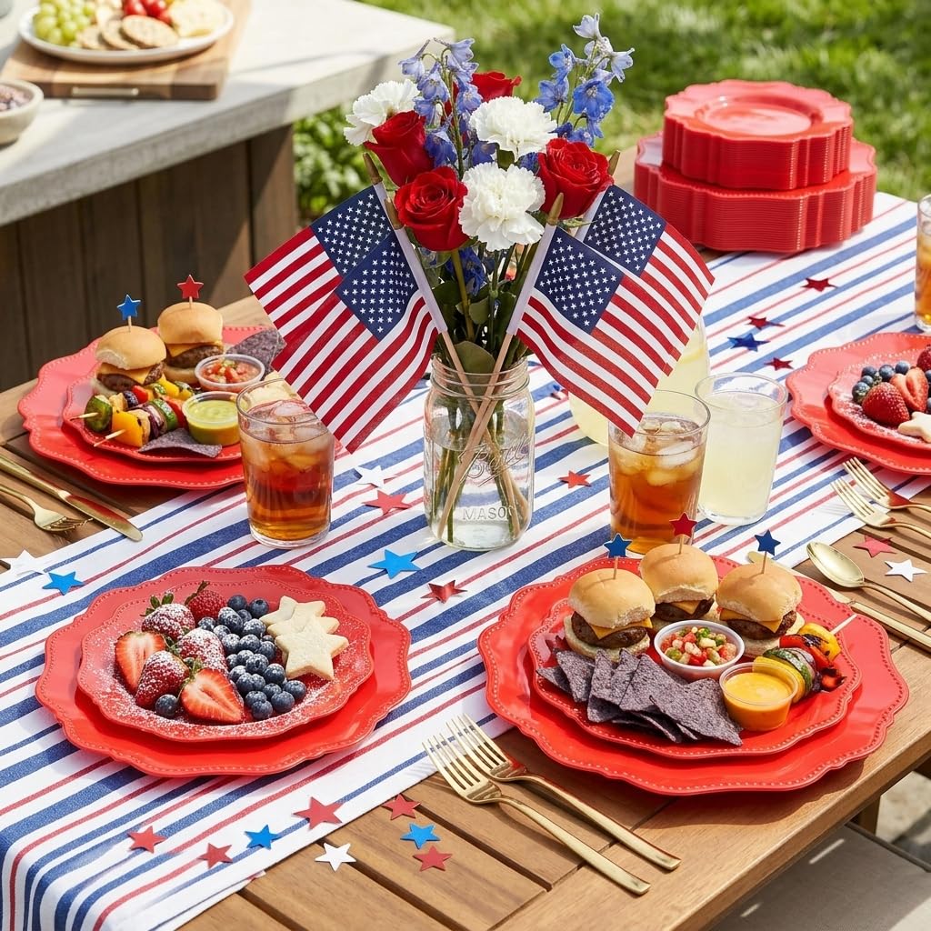 Disposable Plastic Plates 60Pcs, Christmas Red Plastic Party Plates, Heavy Duty 30 Dinner plate 10.5" and 30