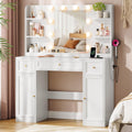 Large Vanity Desk with Mirror and Lights, Makeup Vanity with Power Outlets, 3 Drawers and 2 Large Cabinets, 3