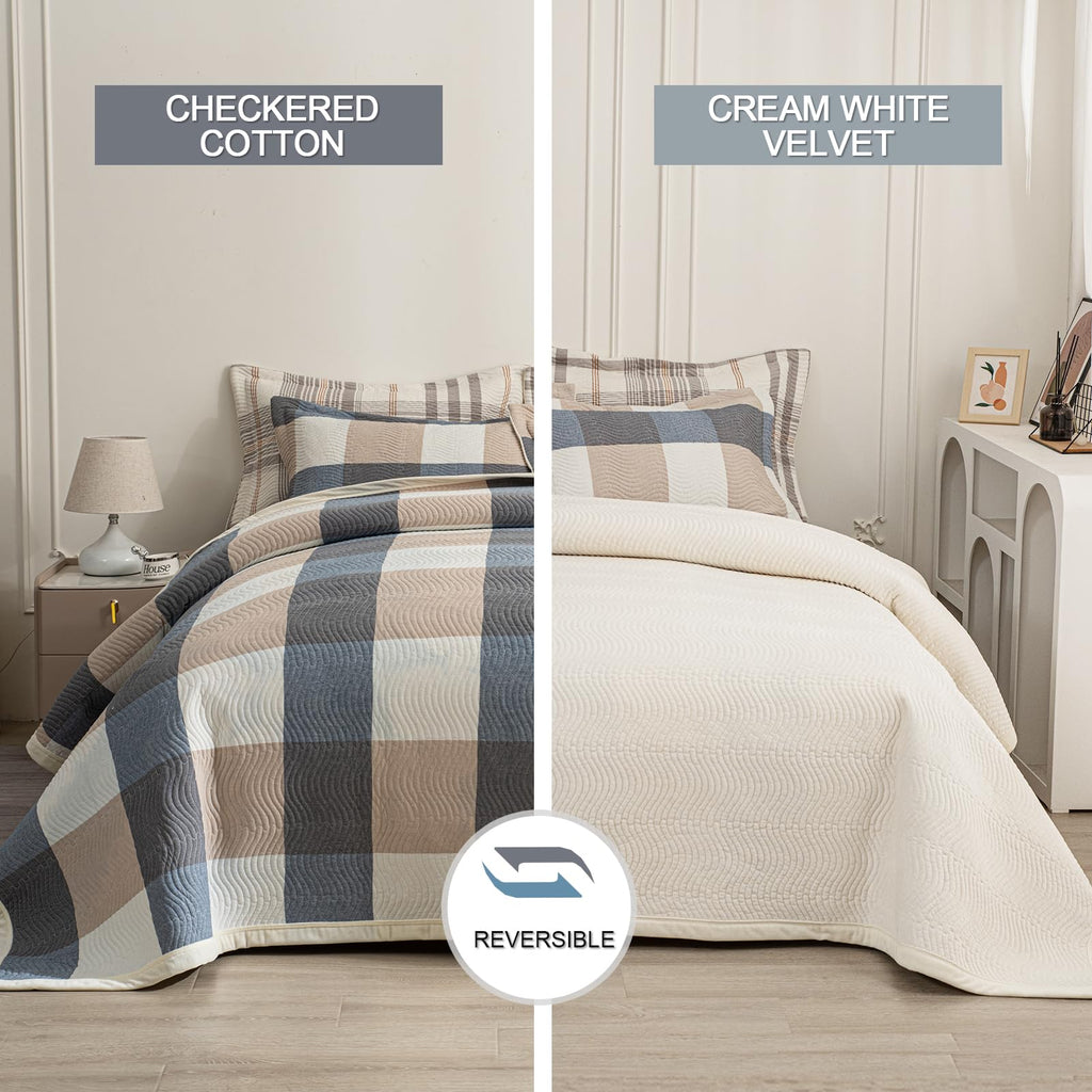 Cotton Plaid Quilt Set, Ultra Soft 3 Pieces Bedding with 2 Pillow Shams, Lightweight Reversible Coverlet