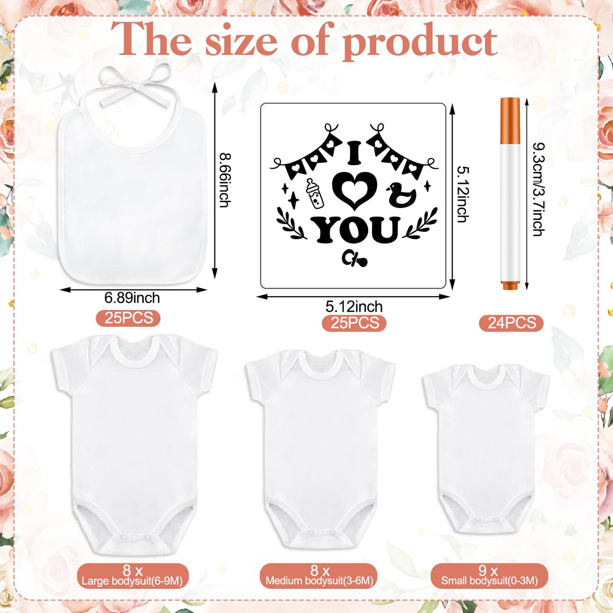 100 Pcs White Baby Bodysuits Bibs Kit 25 Guests, Floral