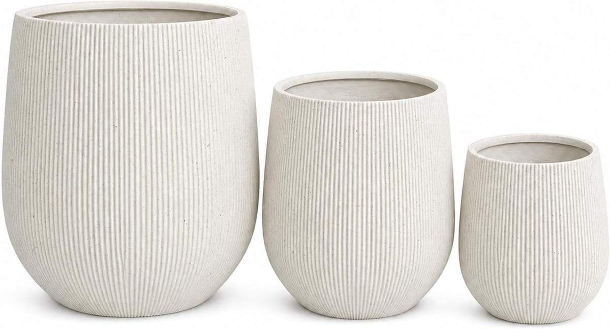 Set of 3 Fluted Round Polystone Indoor/Outdoor Planters, White, Sizes: 20.1 x 20.1 x 20.9 in., 15.1 x 15.1 x 16.5