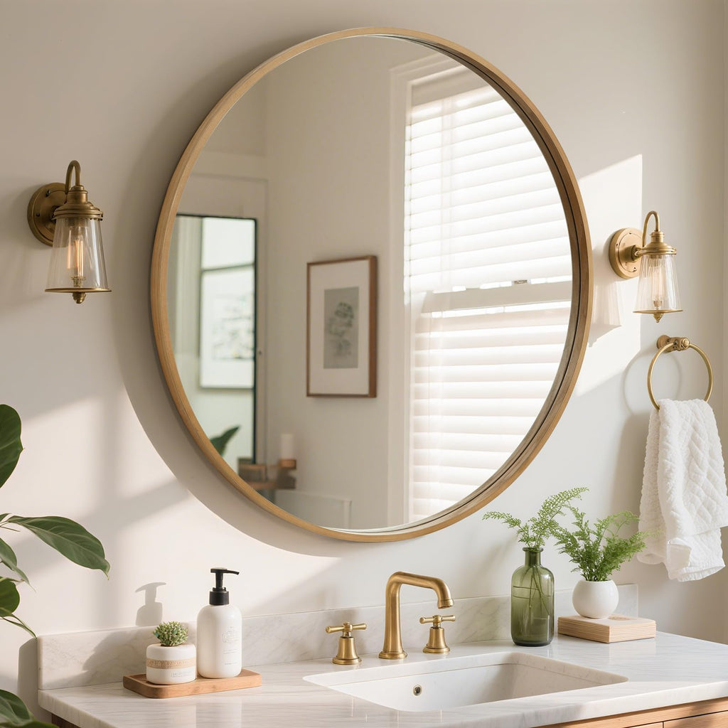 Round Wood Mirror, 36" Round Modern Decoration Large Circle Wall Mirror Living Room Bedroom Entryway, Natural