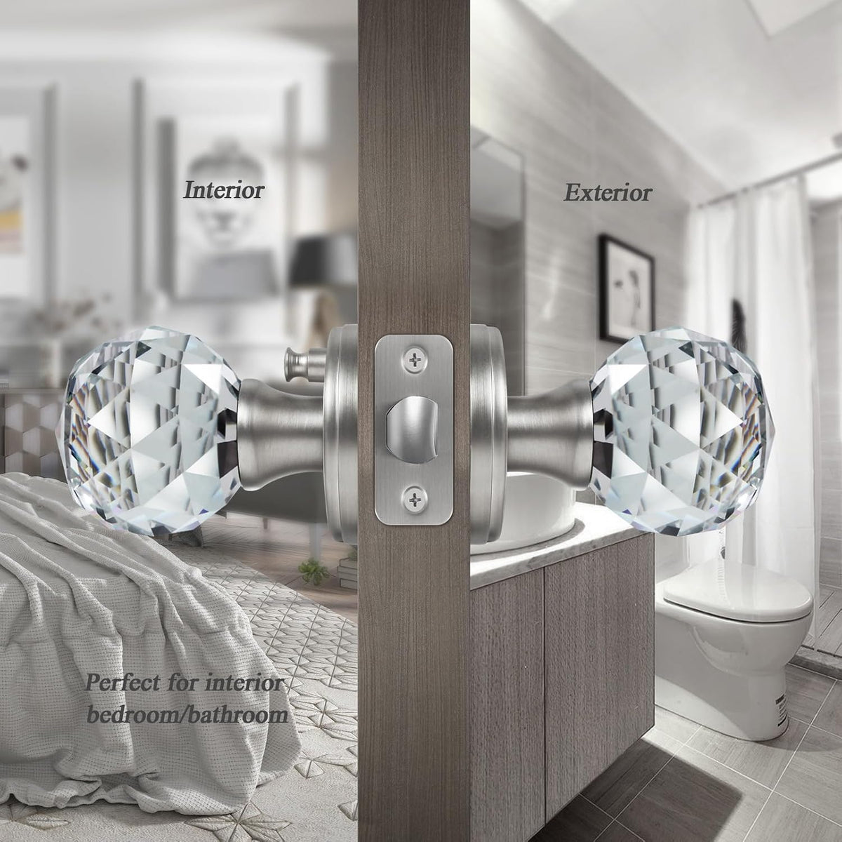 Crystal Glass Door Knobs Interior, Premium Bathroom Bedroom Door Knobs with Lock, Satin Nickel Finish