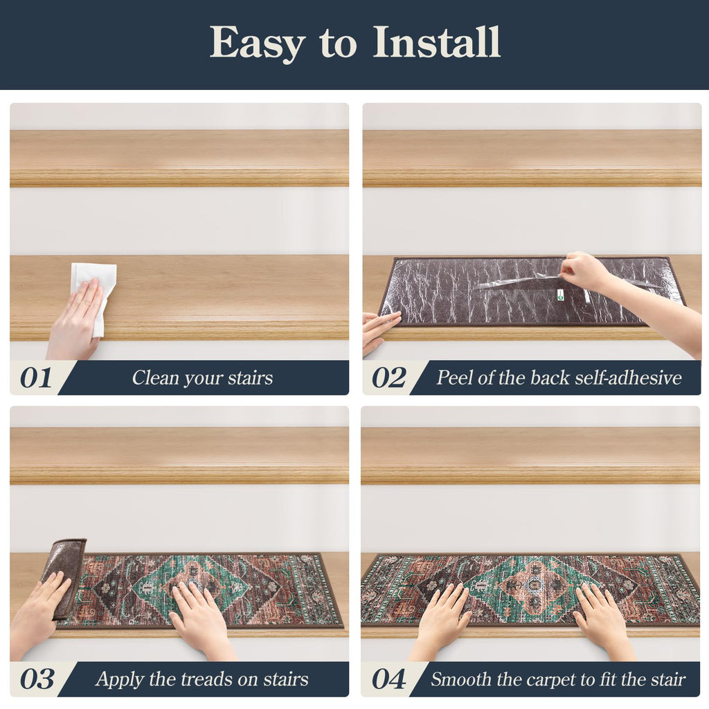 Non Slip Indoor 15 Pack 8" X 30" Carpet Treads for Wood Stairs, Washable Self Adhesive Stair Runners Soft Surface
