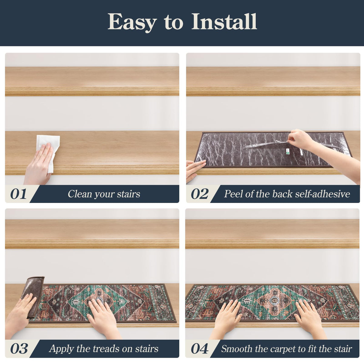Non Slip Indoor 15 Pack 8" X 30" Carpet Treads for Wood Stairs, Washable Self Adhesive Stair Runners Soft Surface