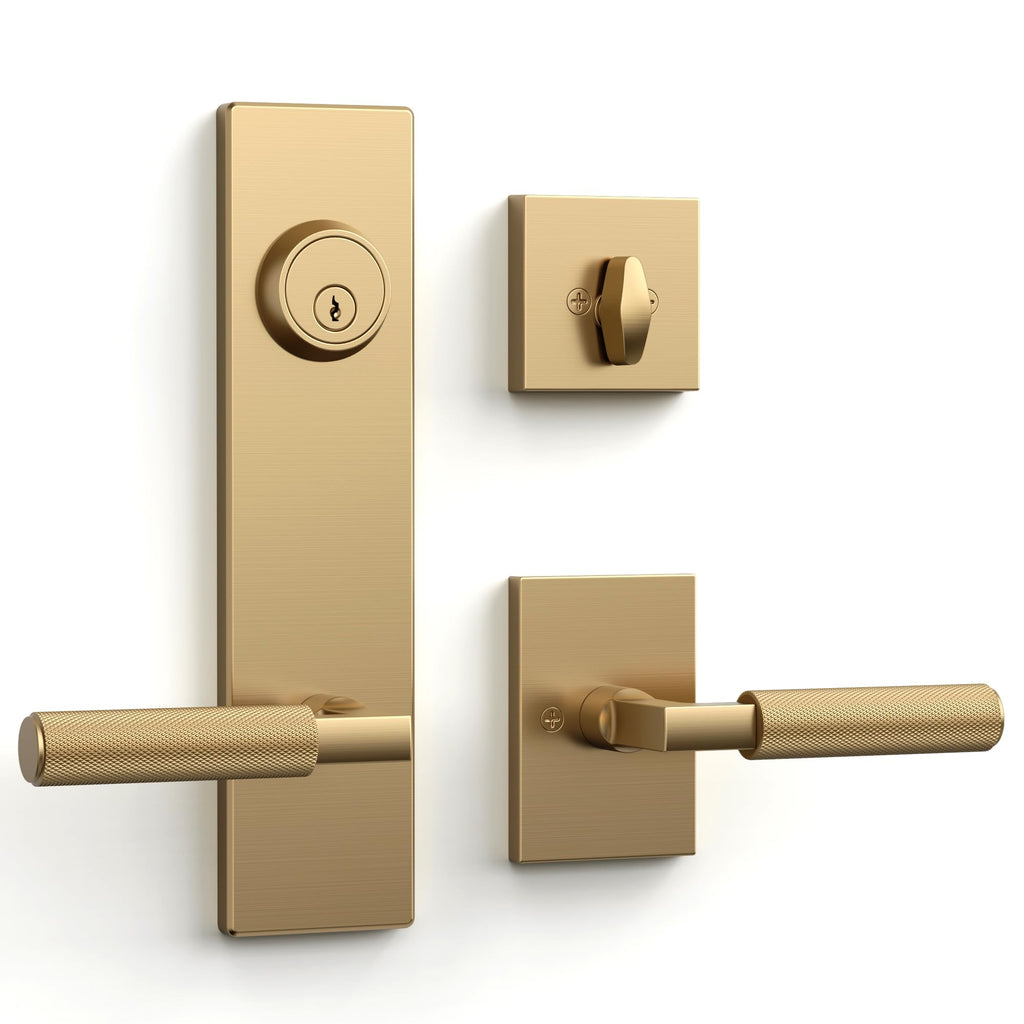 Champagne Bronze Solid Heavy-Duty Knurled Front Door Handle Set with Deadbolt, Architectural Grade Modern Entry Door