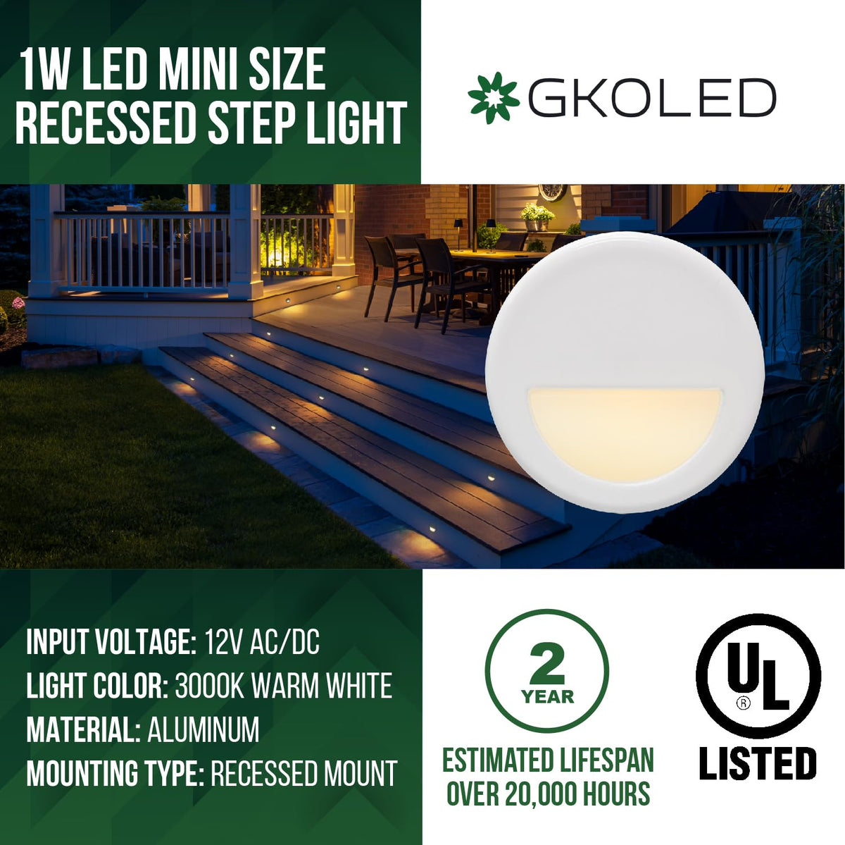 12 Pack Recessed Low Voltage Mini Size LED Step Riser Light, Φ1 Halfmoon Landscape Lighting for Outdoor Deck Stair