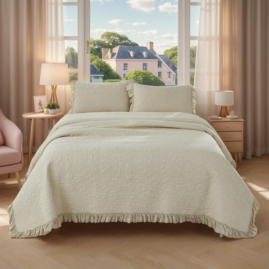 White Beige Quilt Set Queen Size Bedspreads Cotton Farmhouse Luxury Matelasse Bedding Ruffle Bedspread 3-Piece