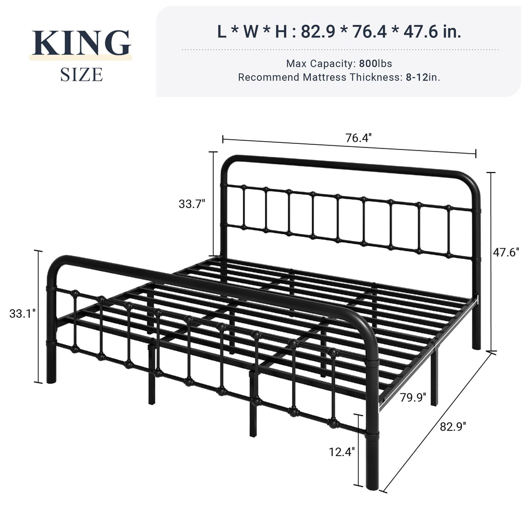 Metal Bed Frame with Victorian Iron-Art Headboard, Black