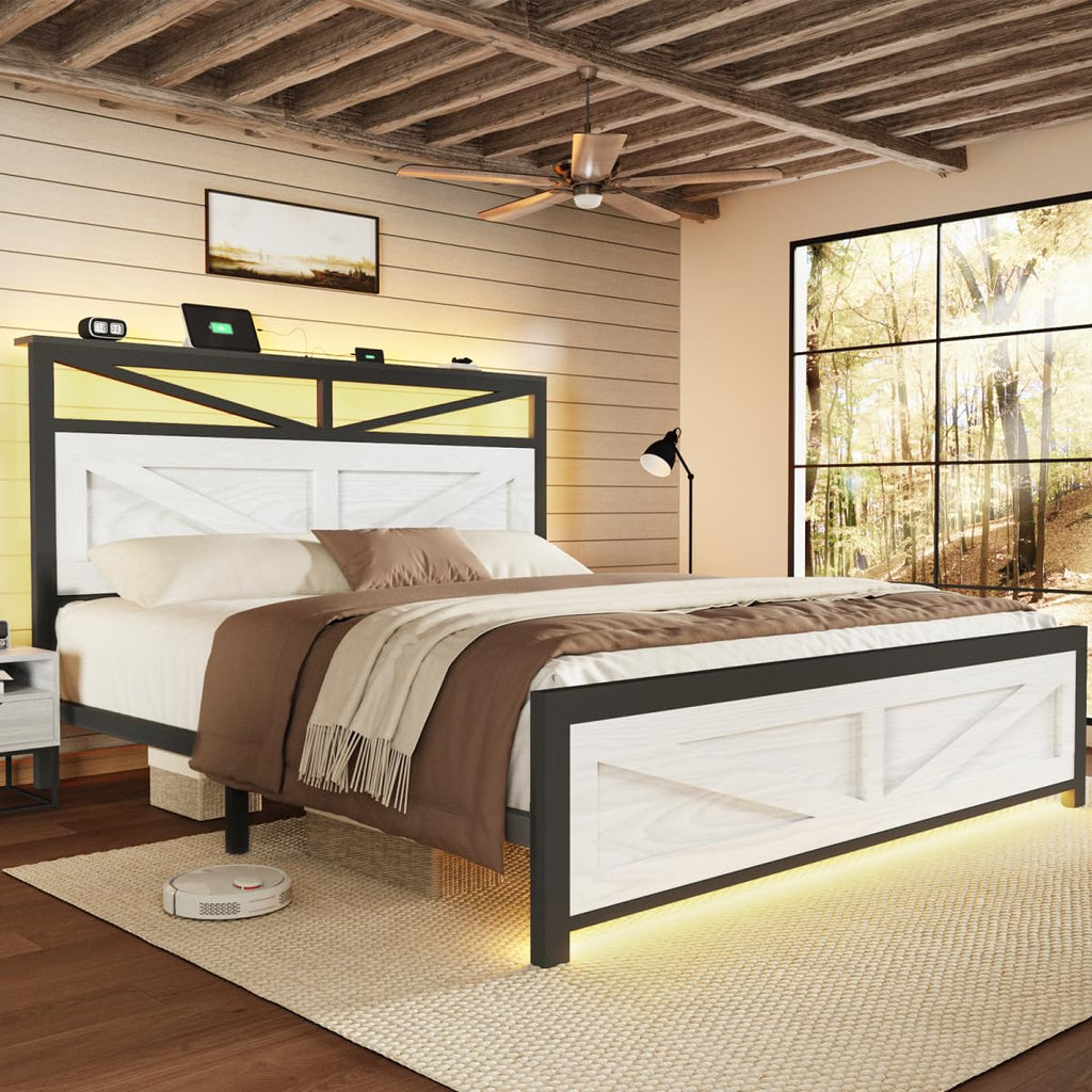 Rustic Bed Frame with Barn Door Headboard and Storage, Farmhouse LED Bed Frame with Charging Station