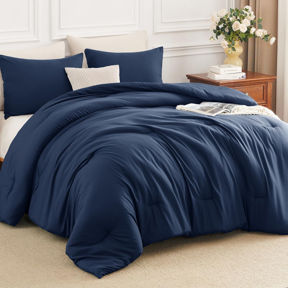 Comforter Sets, 3 Pieces with 2 Pillowcases, Navy Blue