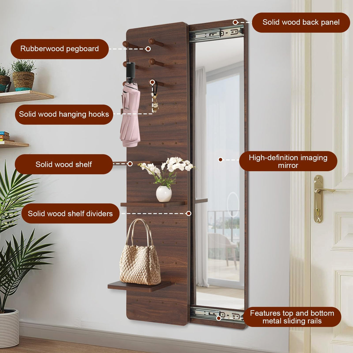 Full Length Mirror with Storage,Wall Mounted Mirror with Pegboard,Rotating Walnut Standing Entryway Mirror