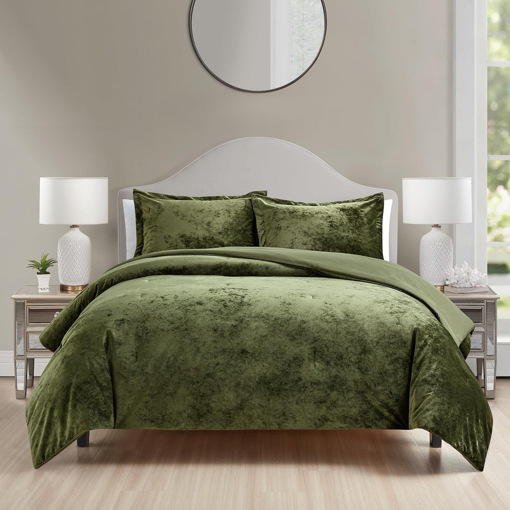 Luxury Velvet Comforter Set, 3 Pieces Reversible Comforters with 2 Pillow Shams, Brushed Solid